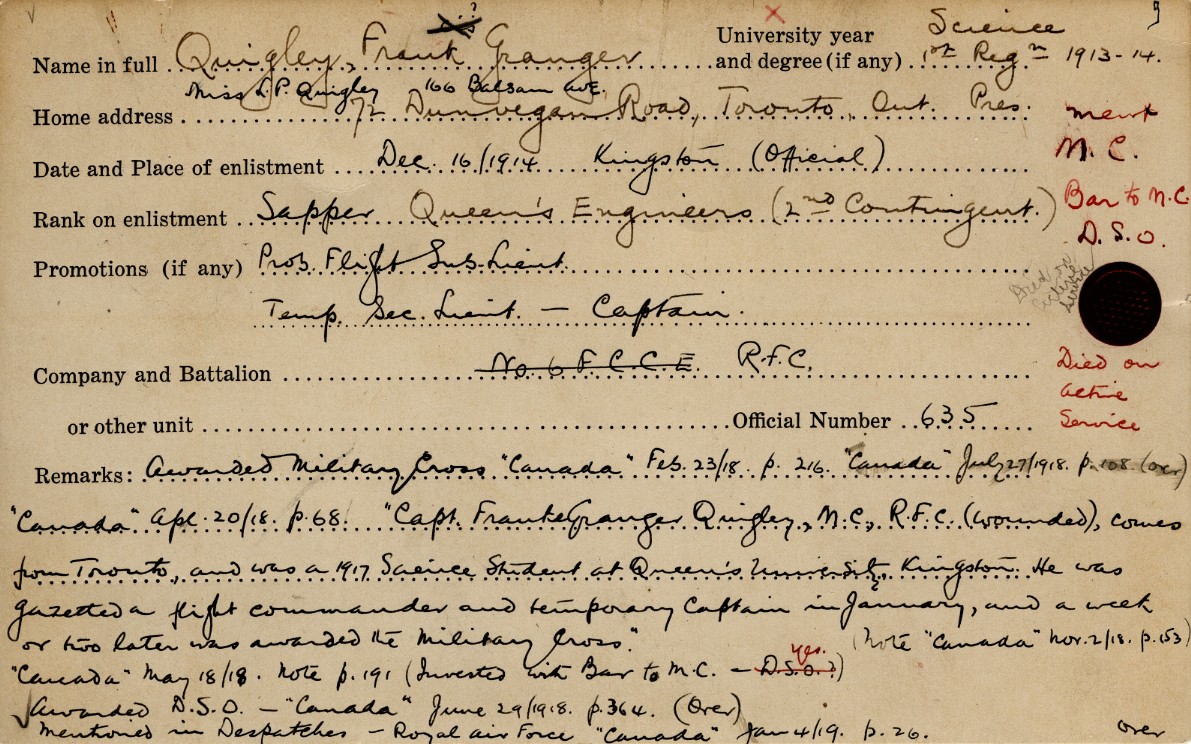 University Military Service Record of Quigley, Front Page