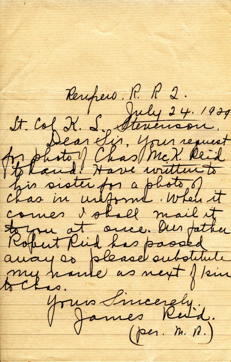 Letter from James Reid to Lt. Col. K.L. Stevenson, 24th July 1929