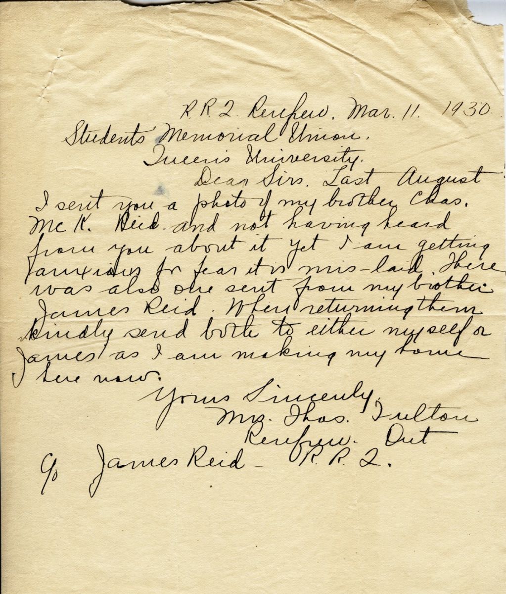 Letter from Mrs. Thos Fulton to Queen's University, 11th March 1930