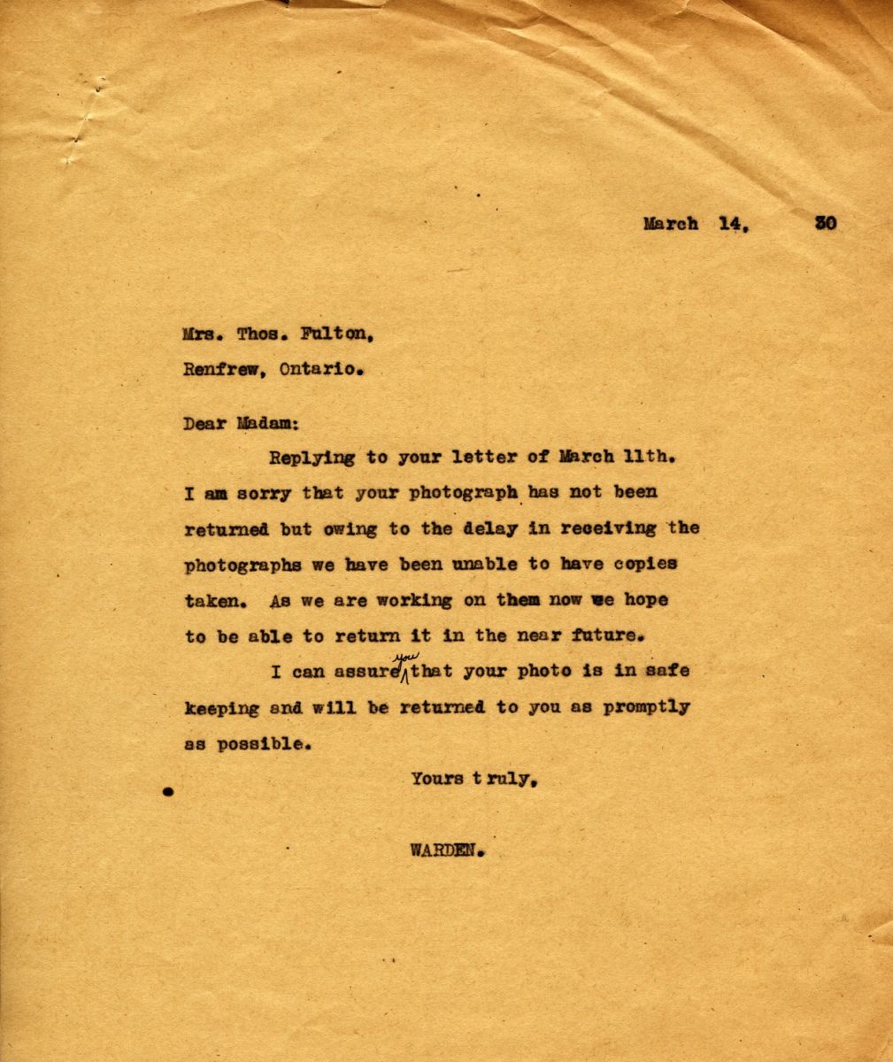 Letter from the Warden to Mrs. Thos Fulton, 14th March 1930