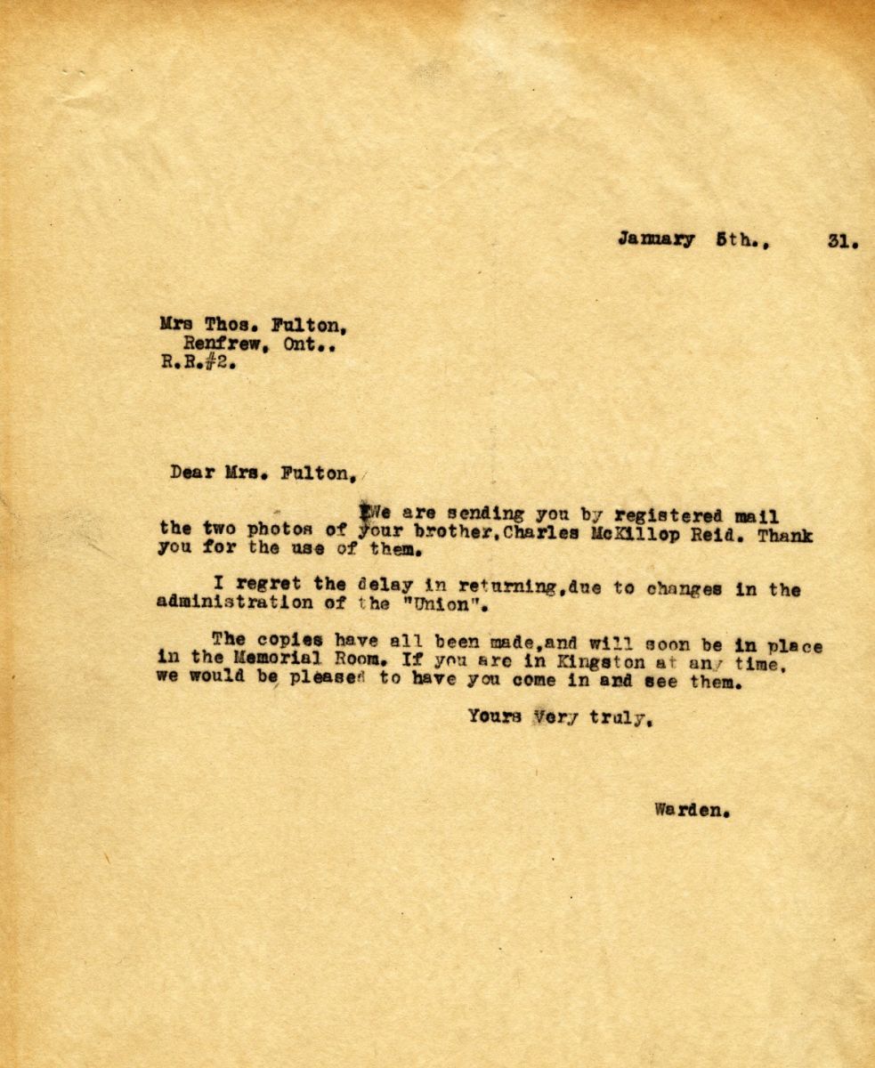 Letter from the Warden to Mrs. Thos Fulton, 5th January 1931