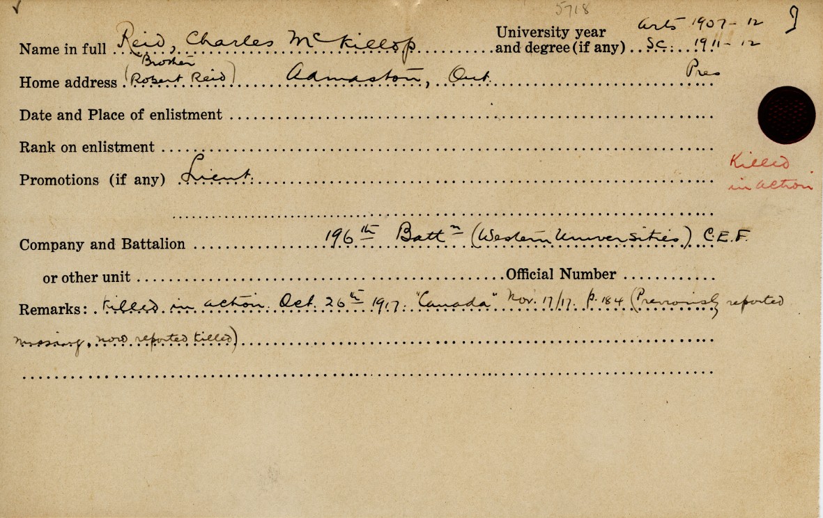University Military Service Record of Reid