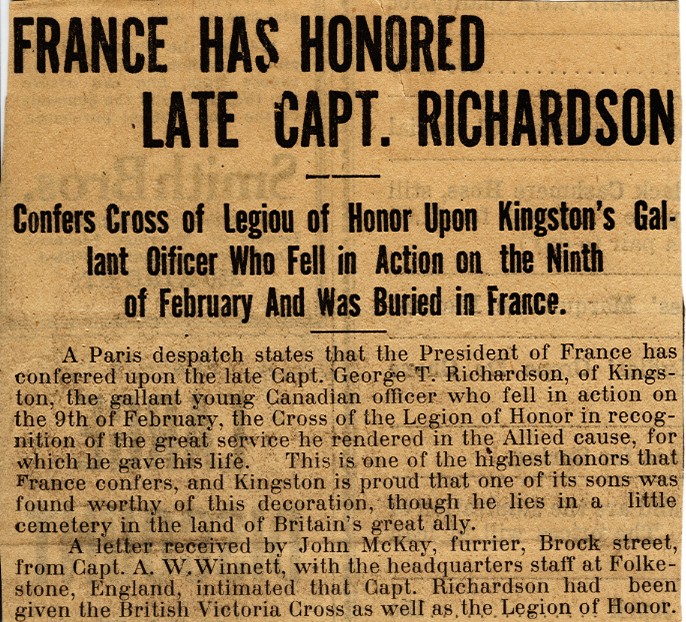 News Article on Richardson Being Awarded Cross of the Legion of Honour