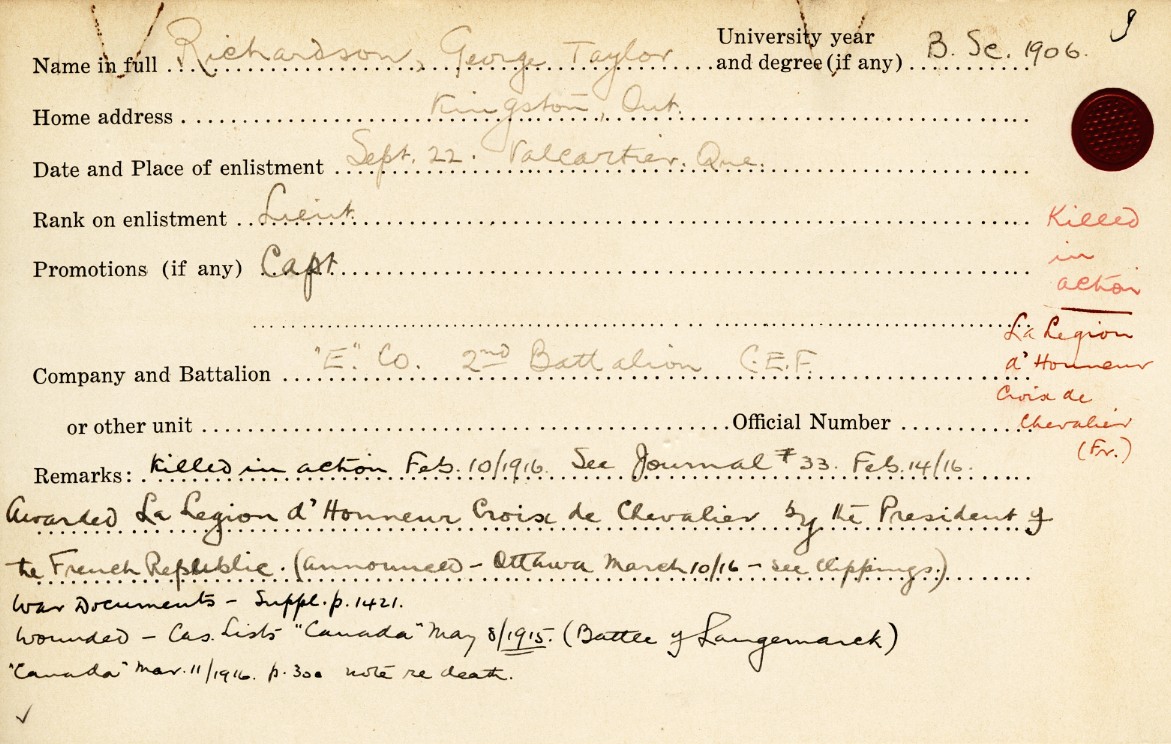 University Military Service Record of Richardson, Front Page