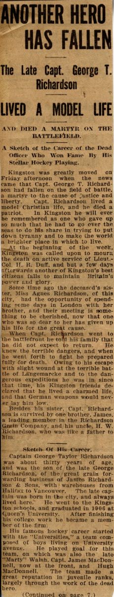 News Clipping Reporting Death of Richardson, Page 1