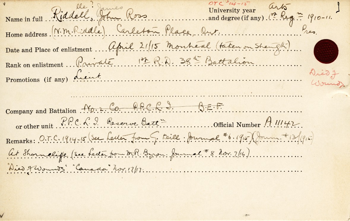 University Military Service Record of Riddell