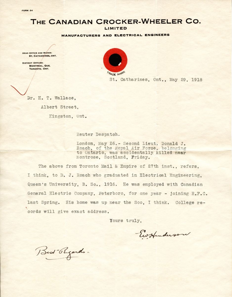 Letter from E.W. Henderson to Professor H.T. Wallace, 29th May 1918