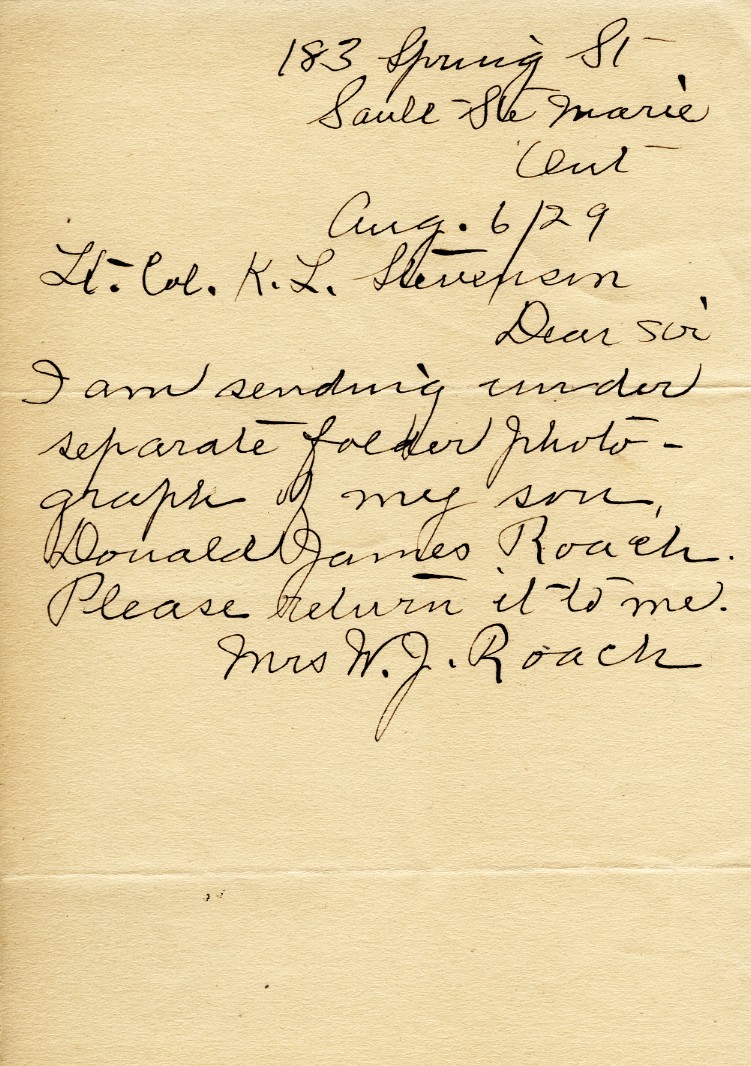 Letter from Mrs. W.J. Roach to Lt. Col. K.L. Stevenson, 6th August 1929