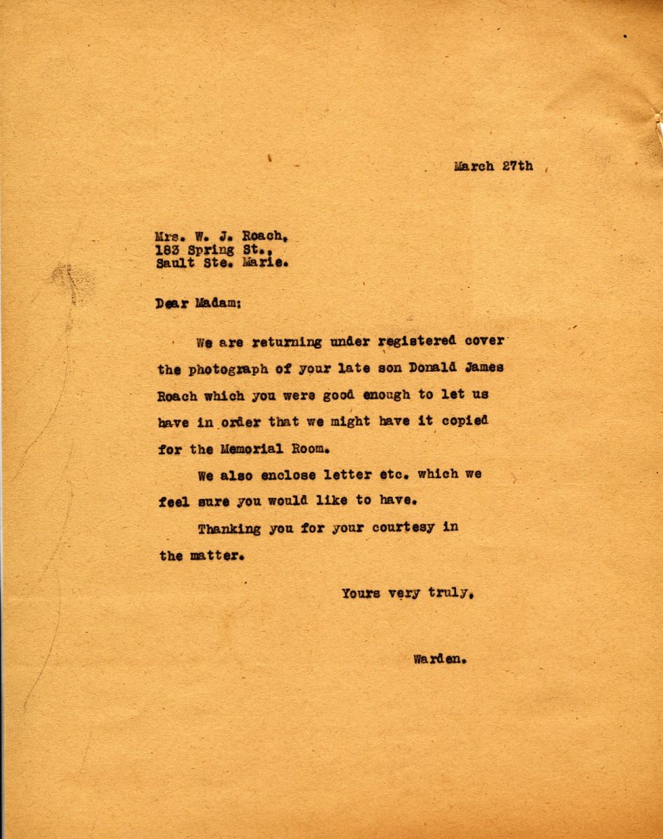 Letter from the Warden to Mrs. W.J. Roach, 27th March