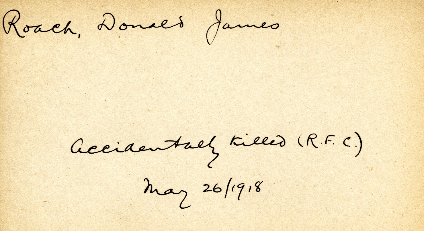 Card Describing Cause of Death of Roach, 26th May 1918