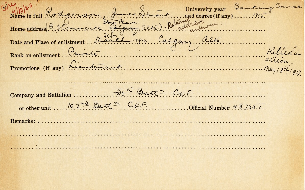 University Military Service Record of James Stuart Rodgerson