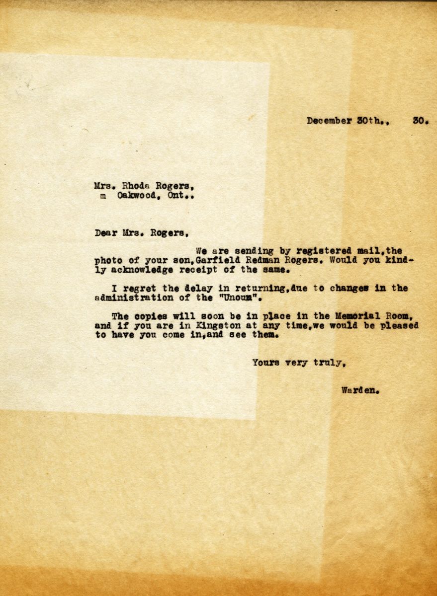 Letter from the Warden to Mrs. Rhoda Rogers, 30th December 1930