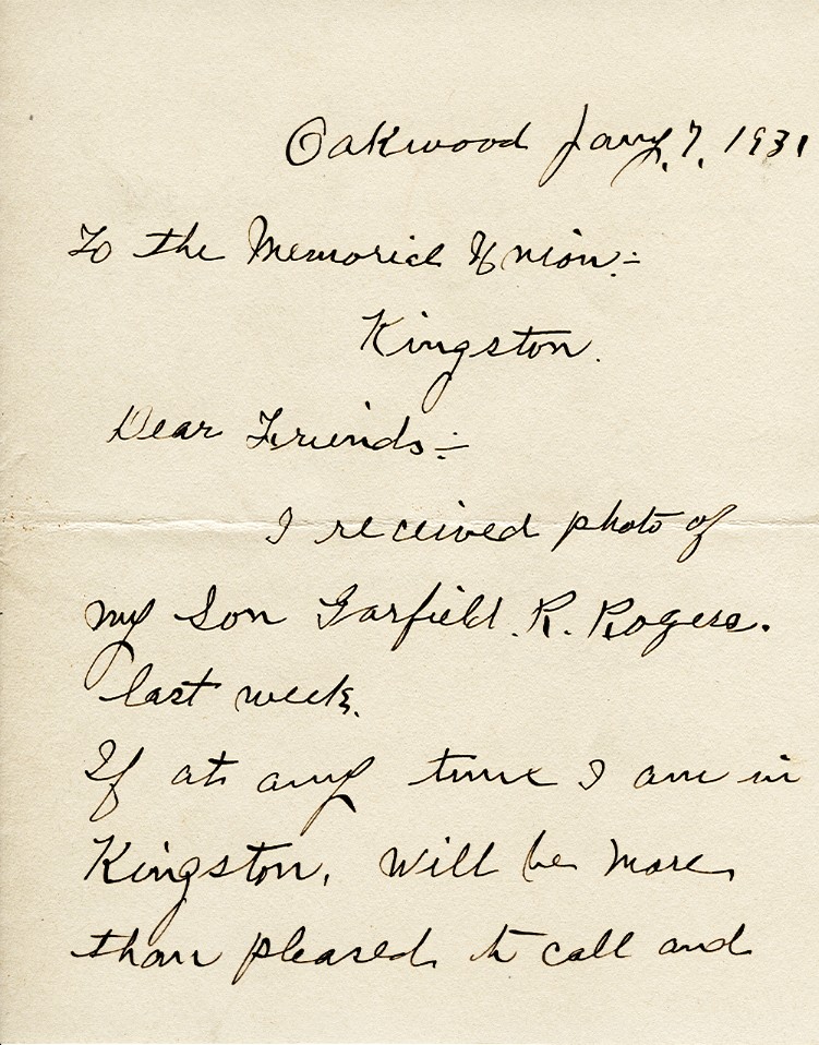 Letter from Rhoda Rogers to the Memorial Union, 7th January 1931, Page 1