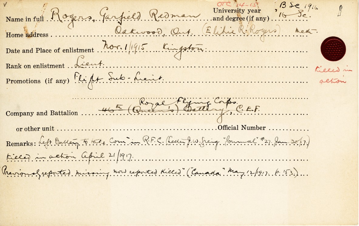 University Military Service Record of Rogers