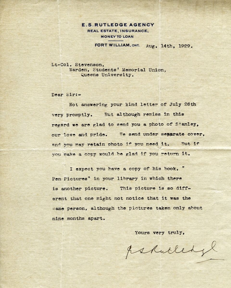 Letter from E.S. Rutledge to Lt. Col. K.L. Stevenson, 14th August 1929