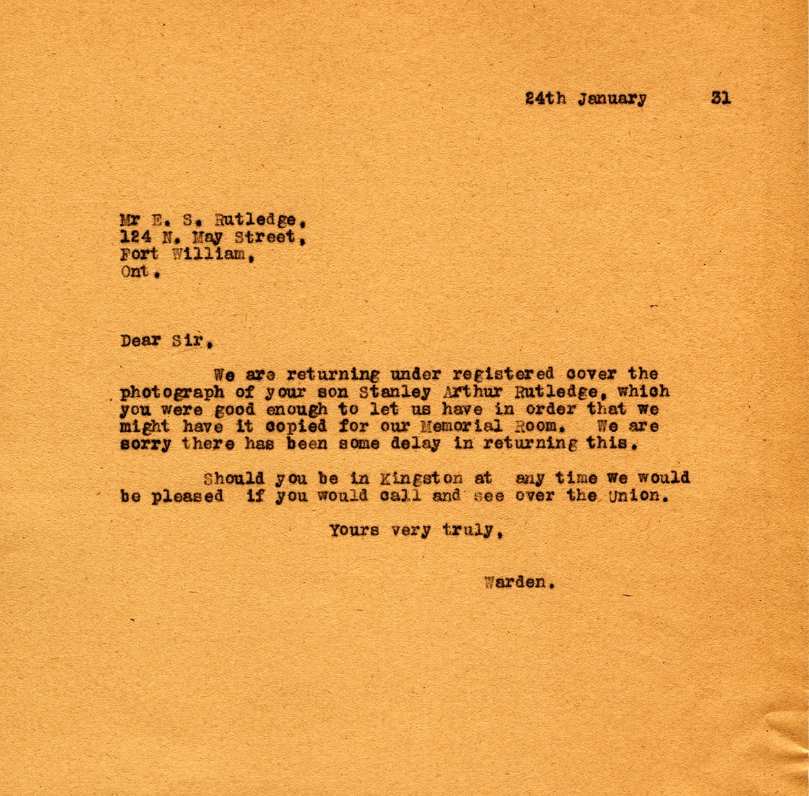 Letter from the Warden to Mr. E.S. Rutledge, 24th January 1931