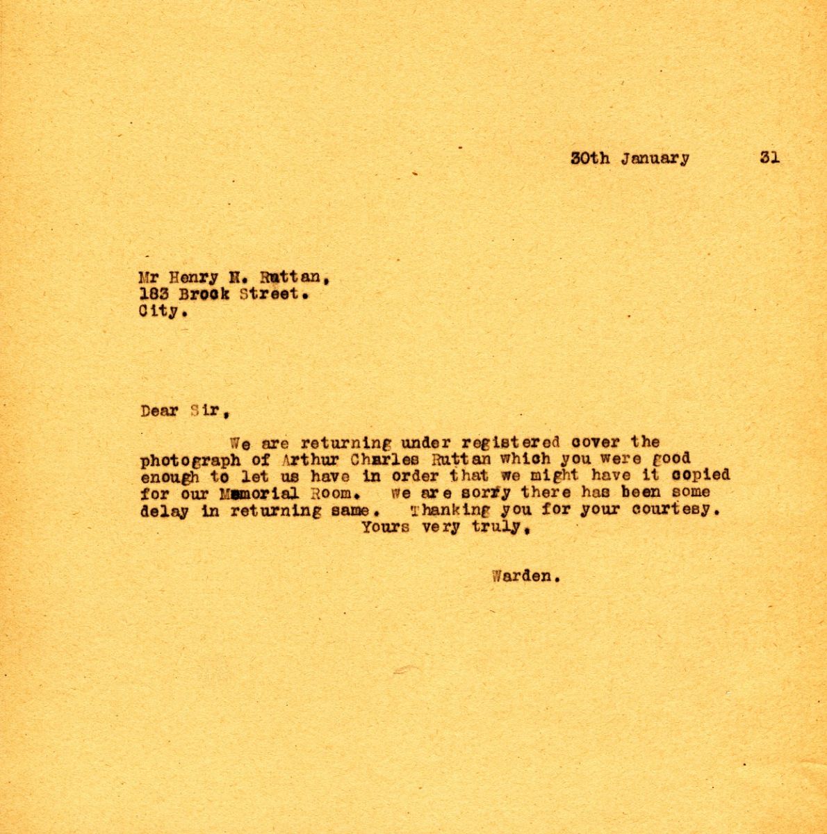 Letter from the Warden to Mr. Henry E. Ruttan, 30th January 1931