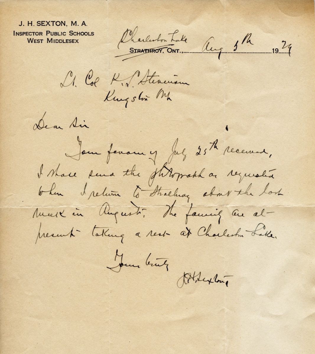 Letter from J.H. Sexton to Lt. Col. K.L. Stevenson, 5th August 1929