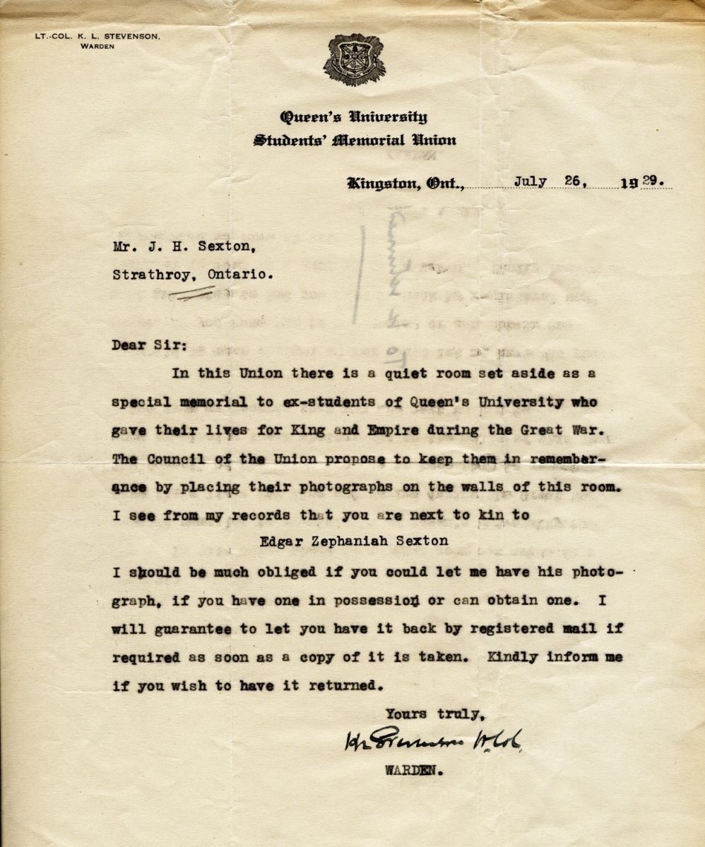 Letter from the Warden to Mr. J.H. Sexton, 26th July 1929