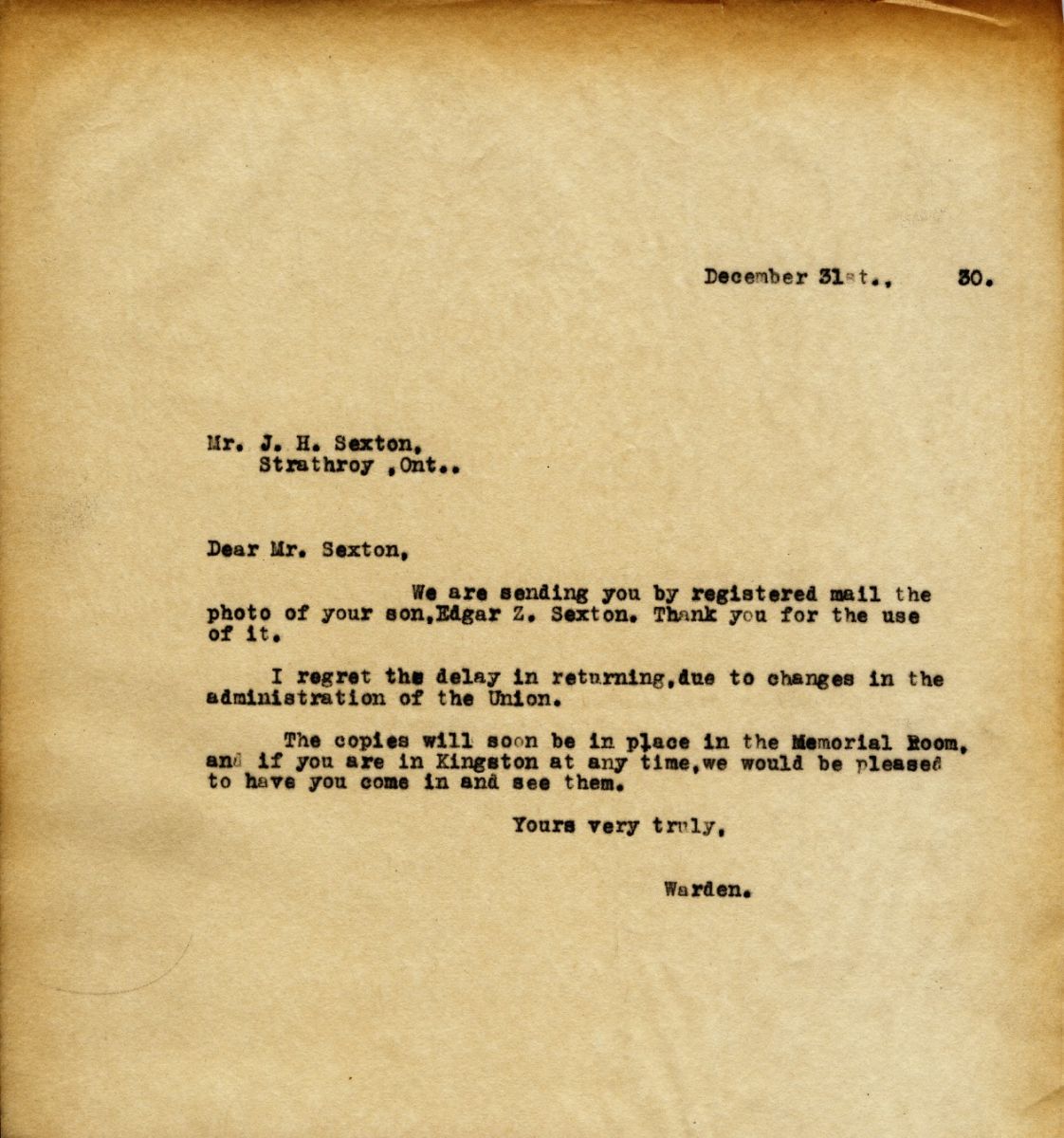 Letter from the Warden to Mr. J.H. Sexton, 31st December 1930