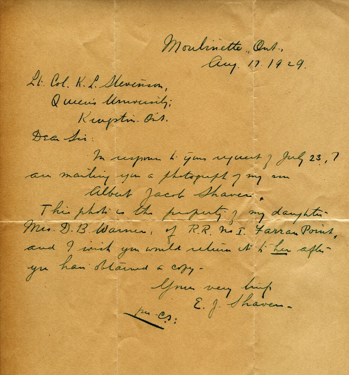 Letter from E.J. Shaver to Lt. Col. K.L. Stevenson, 17th August 1929