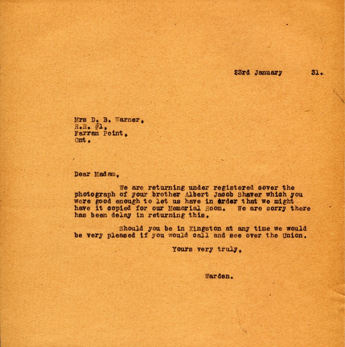 Letter from the Warden to Mrs. D.B. Warner, 23rd January 1931