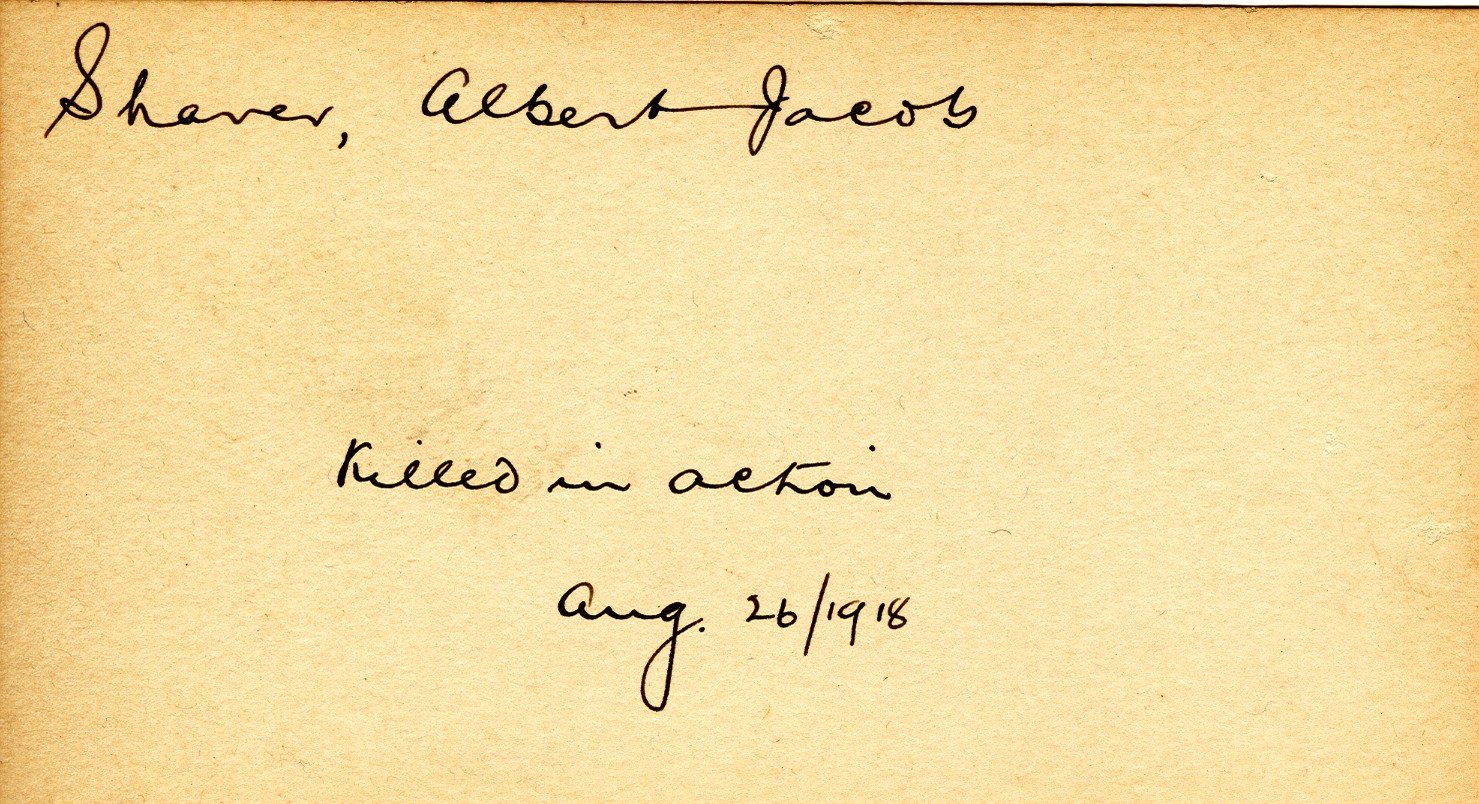 Card Describing Cause of Death of Shaver, 26th August 1918