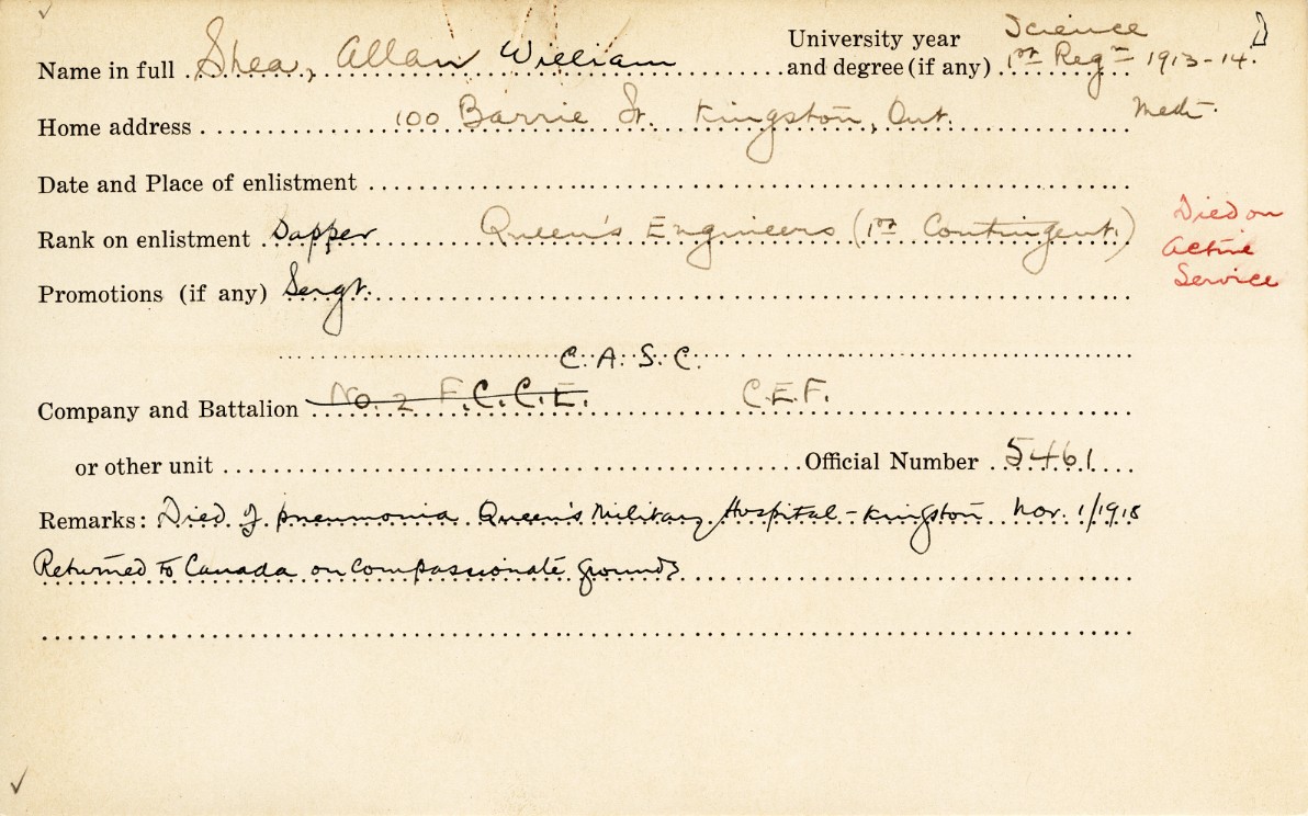 University Military Service Record of Shea