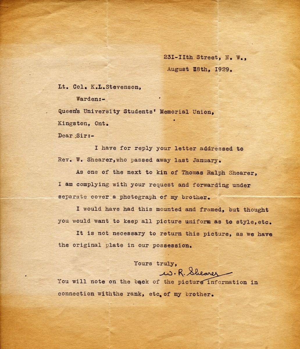 Letter from W.R. Shearer to Lt. Col. K.L. Stevenson, 18th August 1929