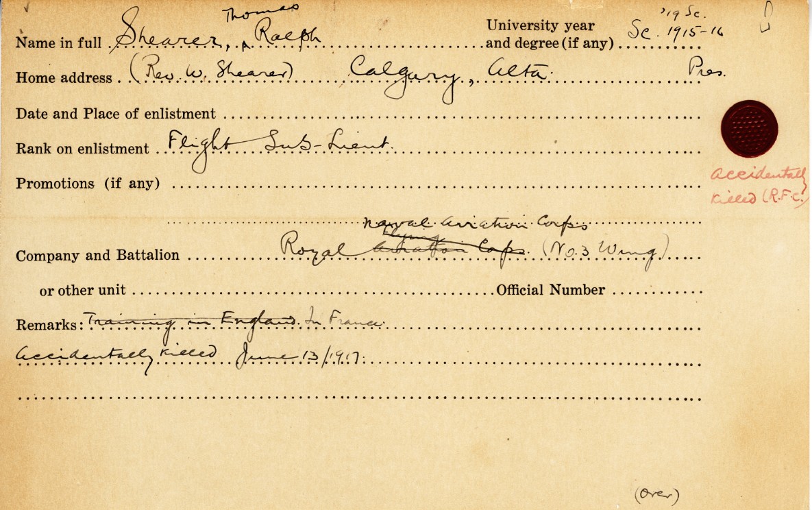 University Military Service Record of Shearer, Front Page