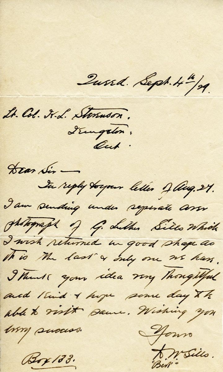 Letter from A.W. Sills to Lt. Col. K.L. Stevenson, 4th September 1929