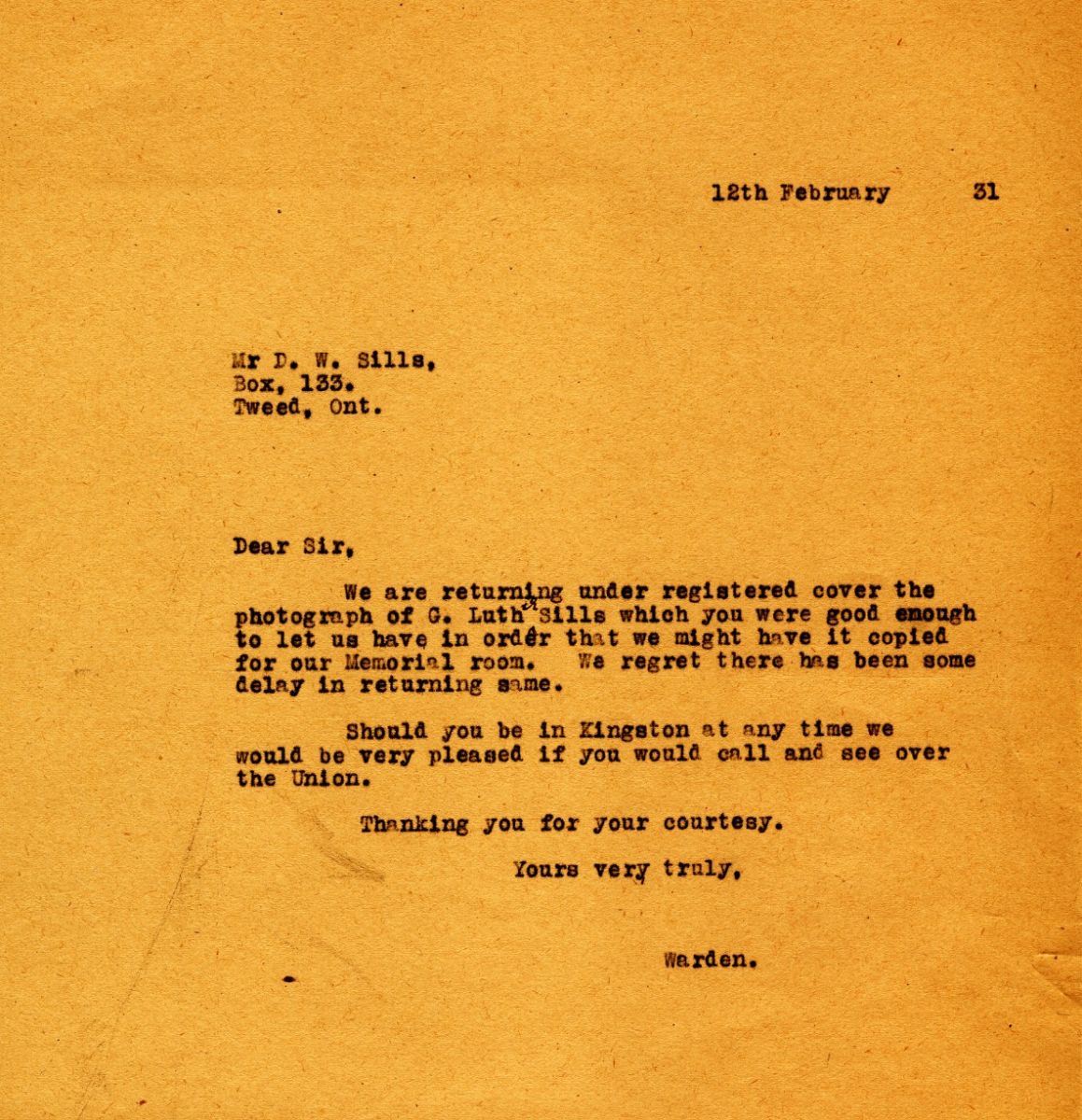Letter from the Warden to Mr. D.W. Sills, 12th February 1931