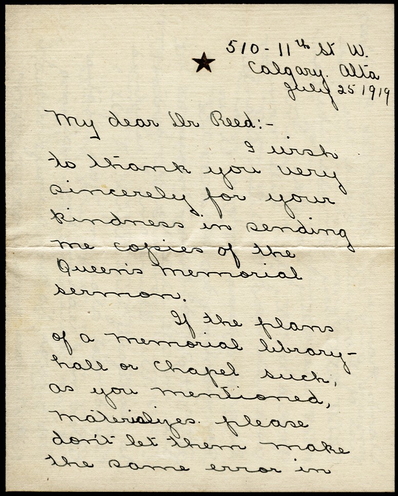 Letter from Edna W. Skene to Dr. Reed, 25th July 1919, Page 1