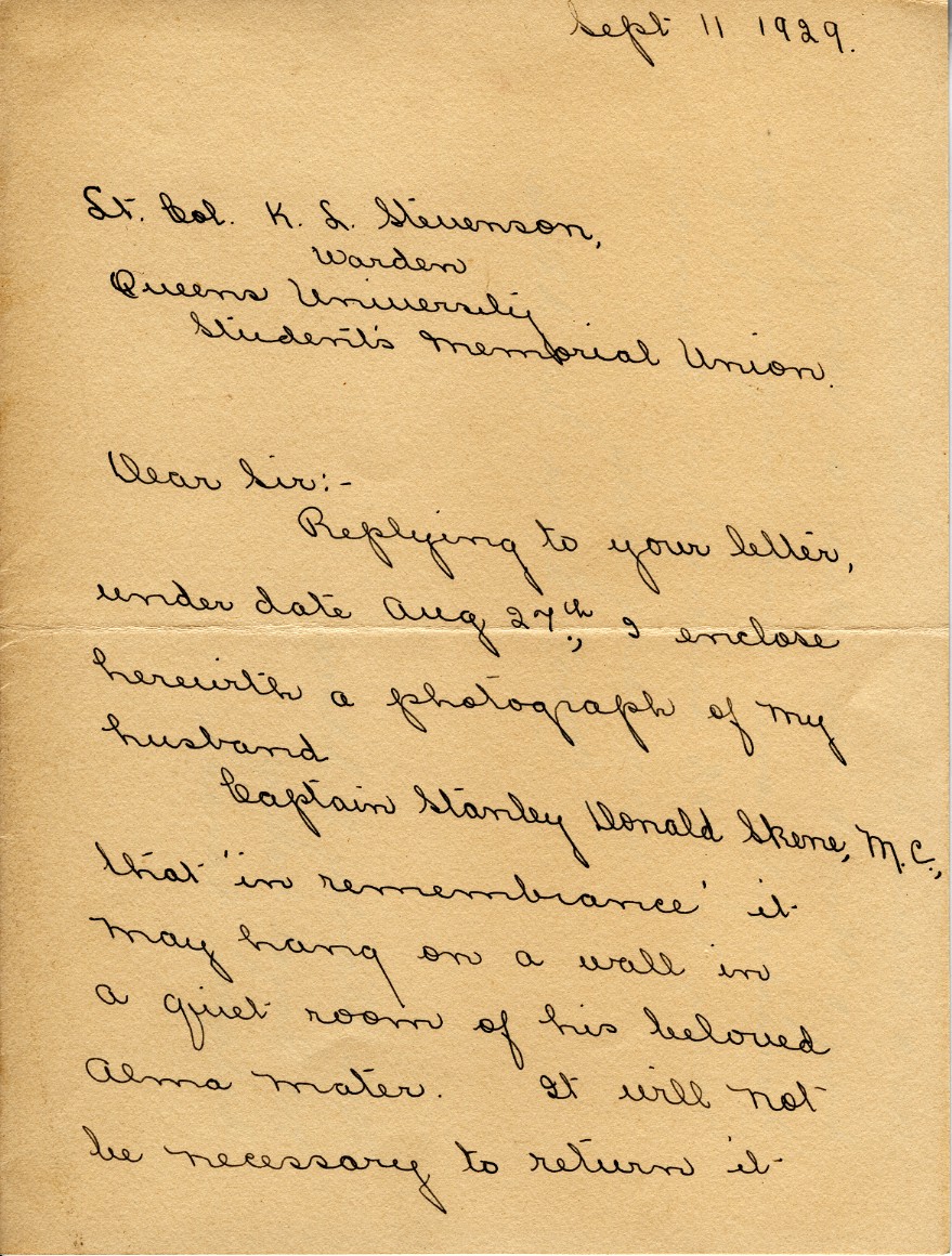 Letter from Mrs. Stanley D. Skene to Lt. Col. K.L. Stevenson, 11th April 1929, Page 1
