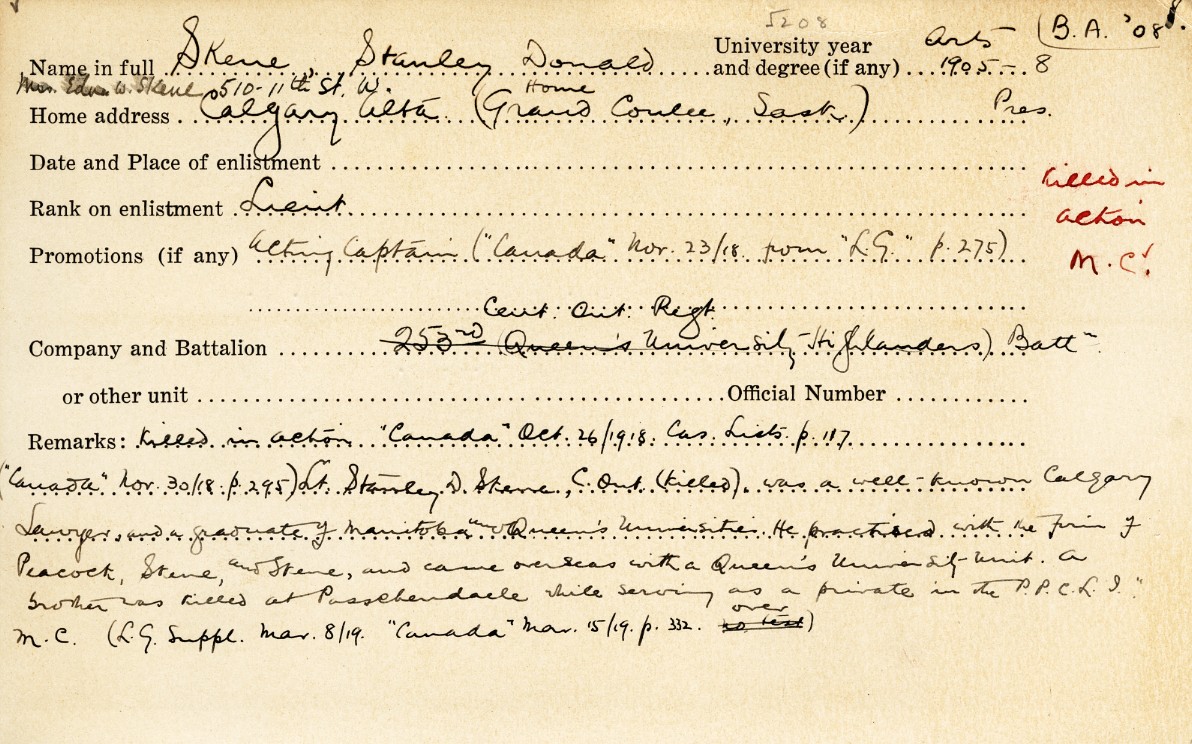 University Military Service Record of Skene, Front Page