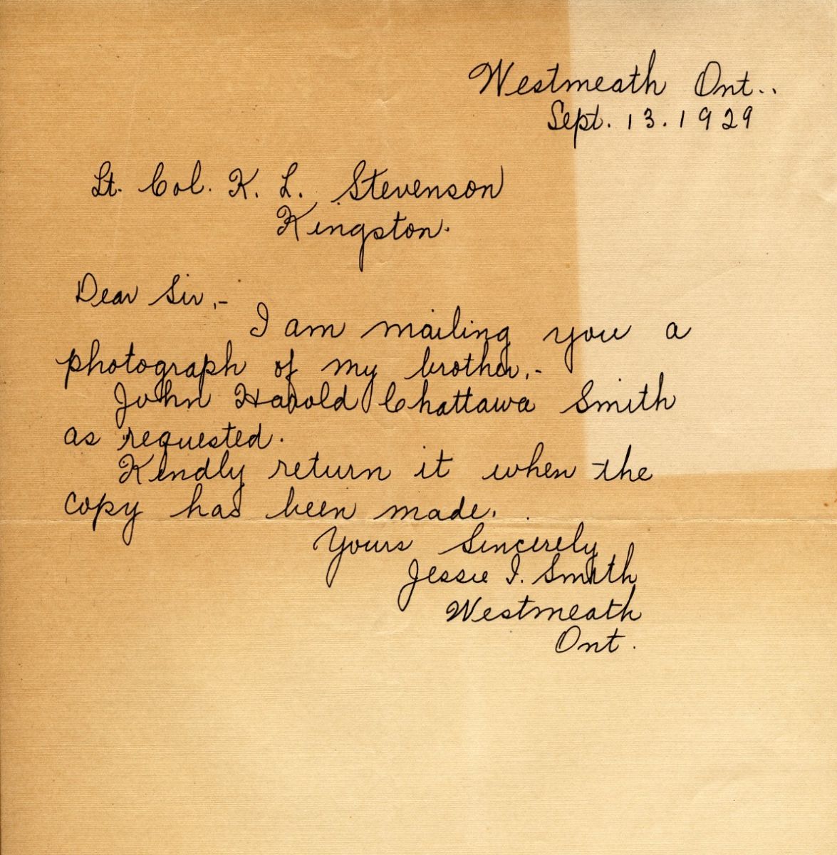 Letter from Jesse J. Smith to Lt. Col. K.L Stevenson, 13th September 1929