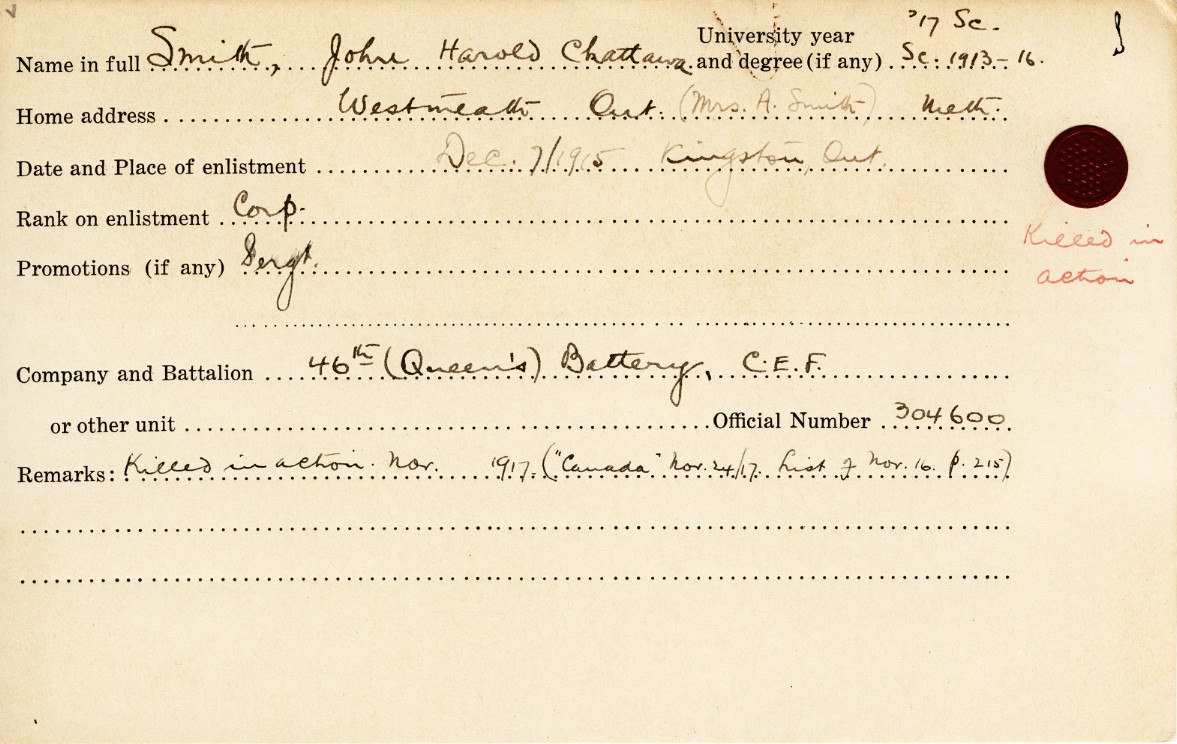 University Military Service Record of Smith