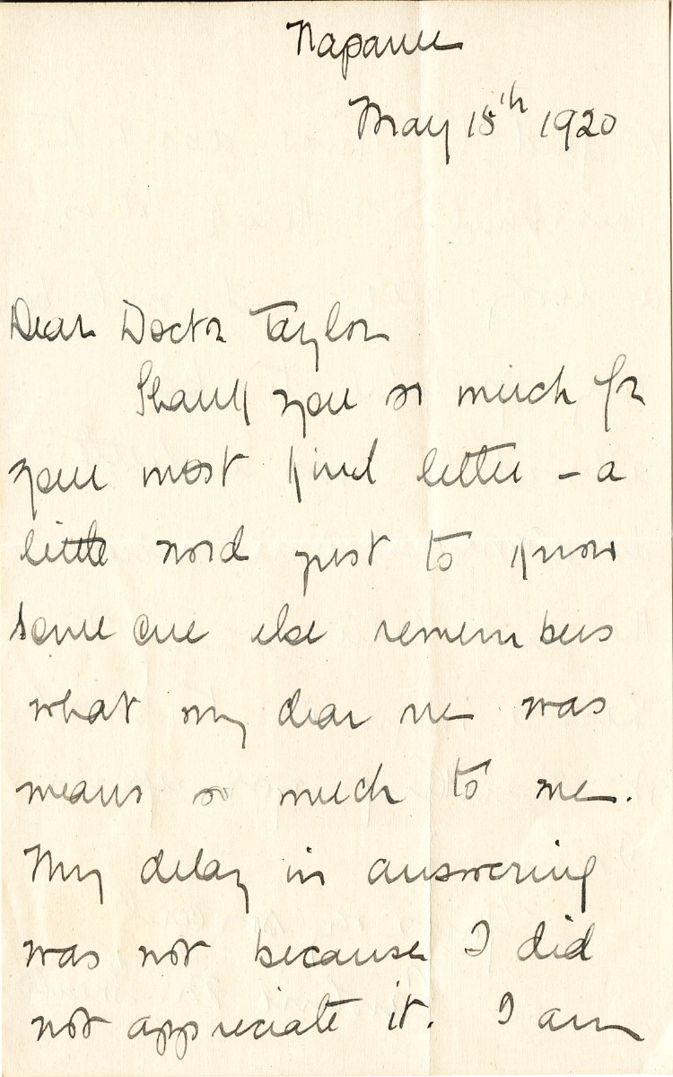 Letter from Caroline M. Sneath to Dock Taylor, 15th May 1920, Page 1