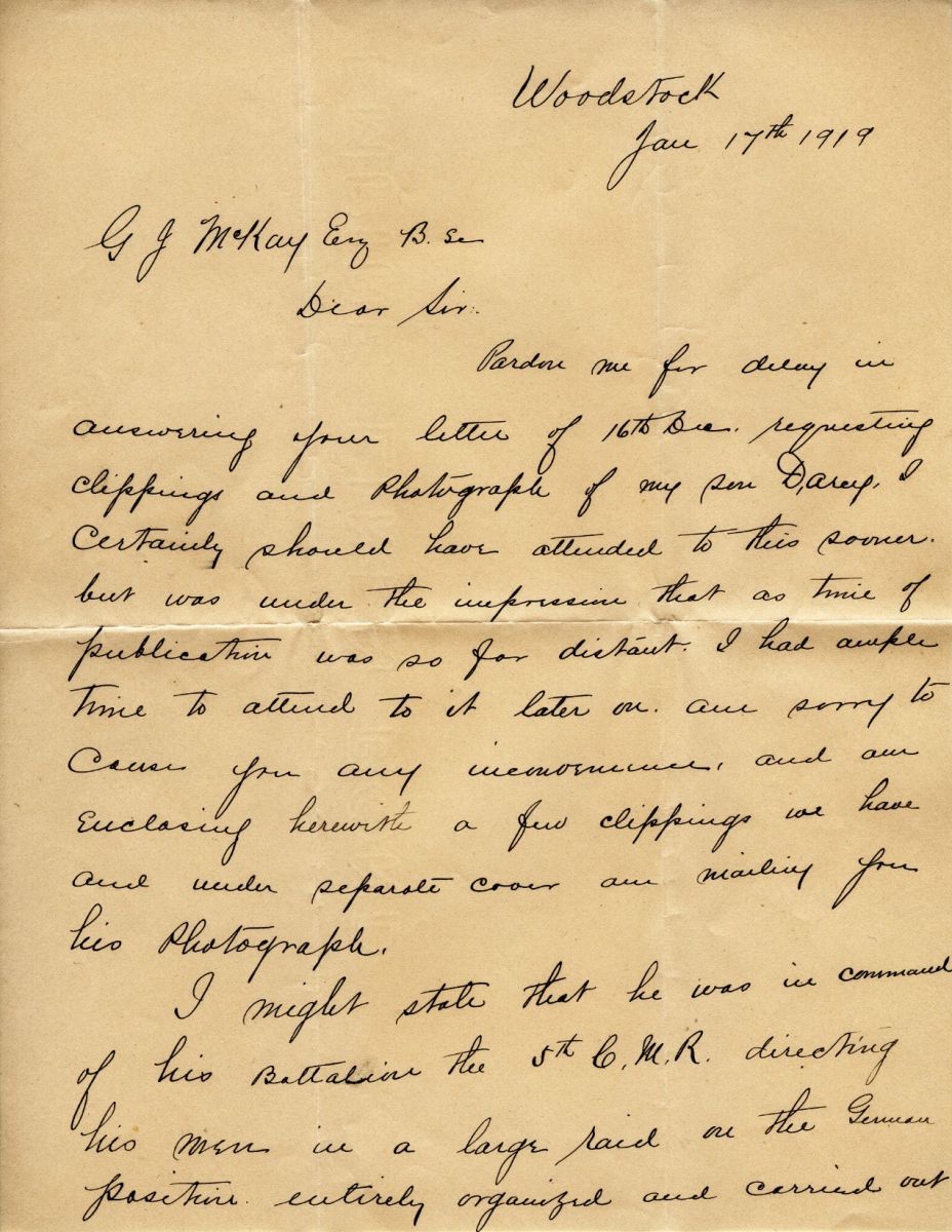 Letter from Henry Sneath to G.J. McKay, 17th January 1919, Page 1