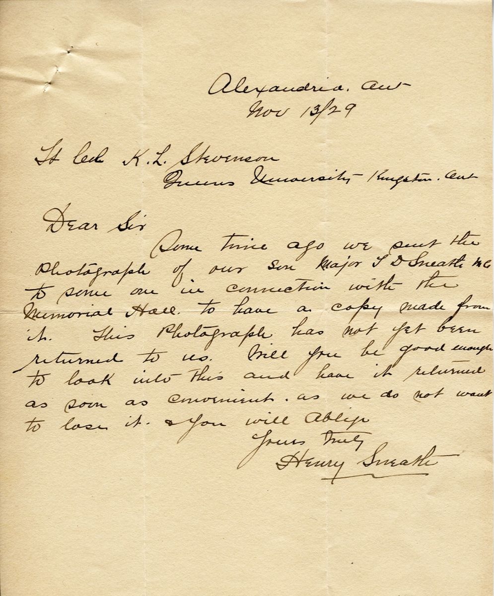 Letter from Henry Sneath to Lt. Col. K.L. Stevenson, 13th November 1929