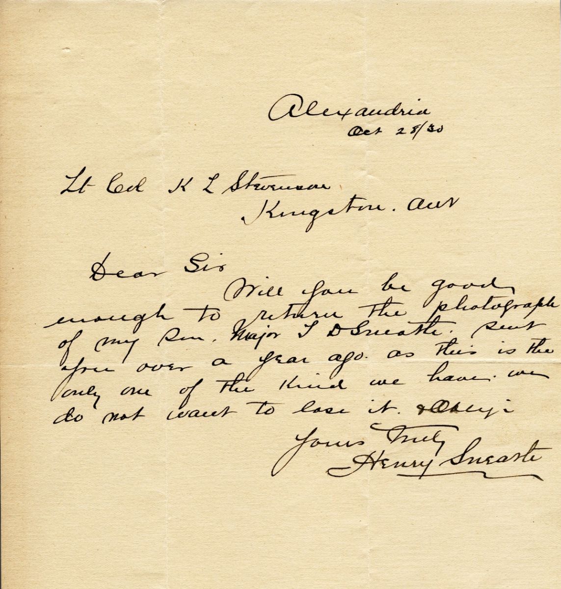 Letter from Henry Sneath to Lt. Col. K.L. Stevenson, 28th October 1930