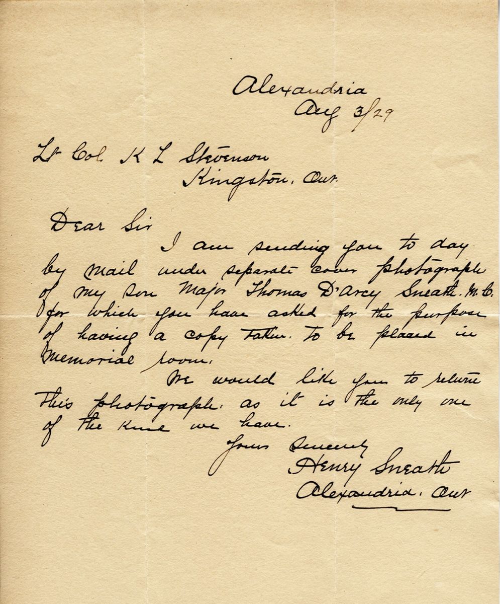 Letter from Henry Sneath to Lt. Col. K.L. Stevenson, 3rd August 1929