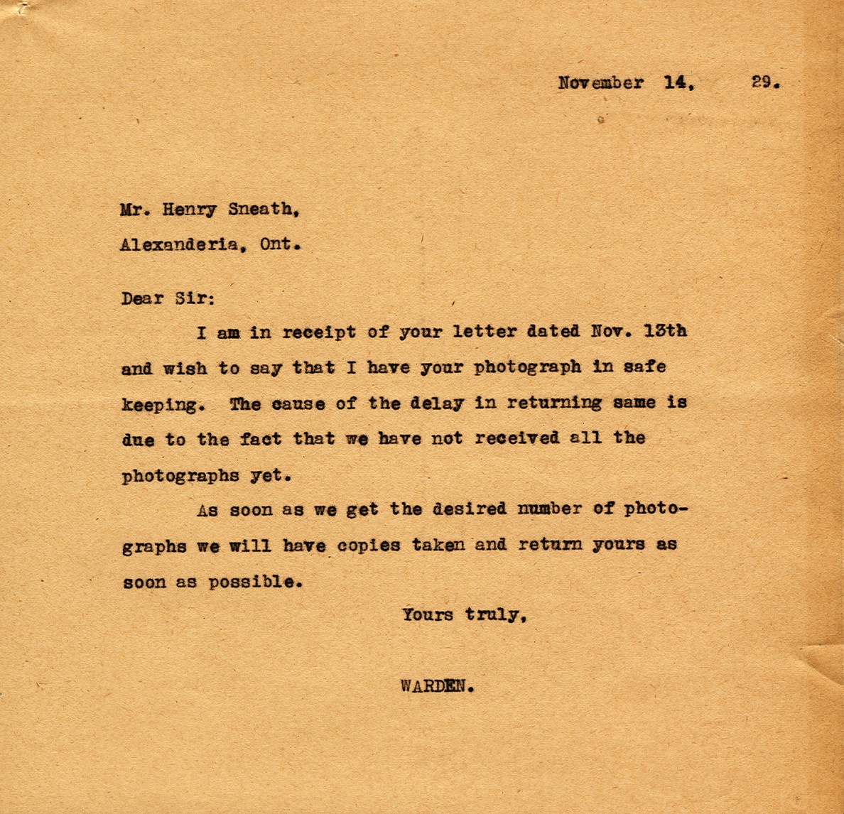 Letter from the Warden to Mr. Henry Sneath, 14th November 1929