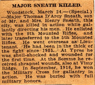 News Clipping Reporting Death of Sneath