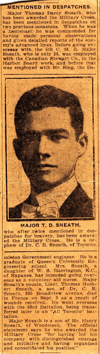 News Clipping Reporting Sneath's Reception of the Military Cross