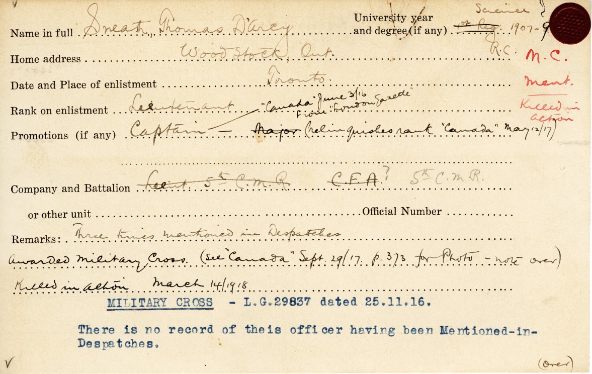 University Military Service Record of Sneath, Front Page