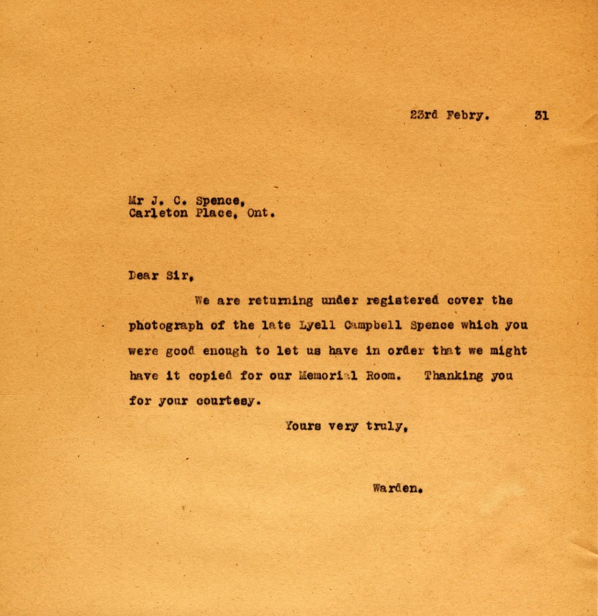 Letter from the Warden to Mr. J.C. Spence, 23rd February 1931