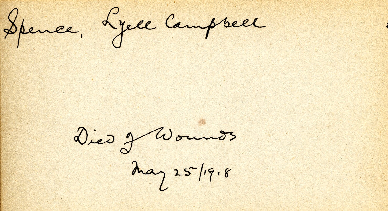 Card Describing Cause of Death of Spence, 25th May 1918
