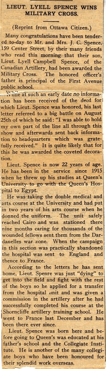 News Article Reporting Spence Receiving the Military Cross