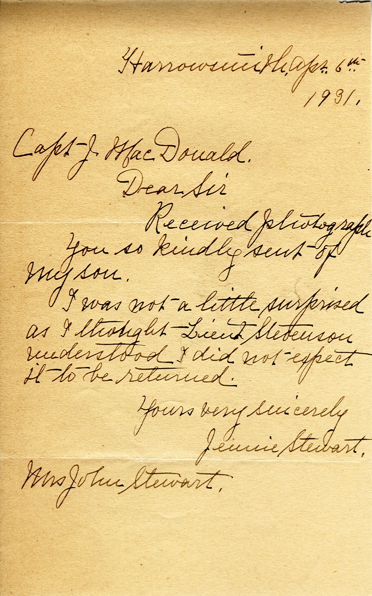 Letter from Jeinnie Stewart to Captain John MacDonald, 6th April 1931